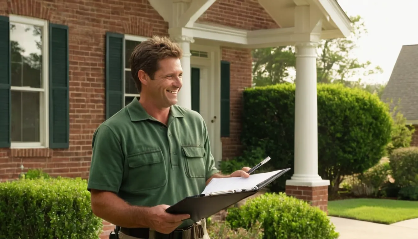 A friendly pest control provider talking with a homeowner at the front door of a brick house in Charlotte
