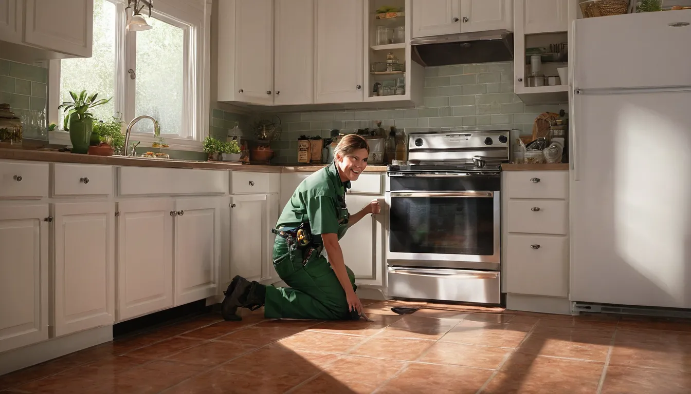 Friendly pest control provider inspecting a kitchen baseboard with a homeowner in Charlotte